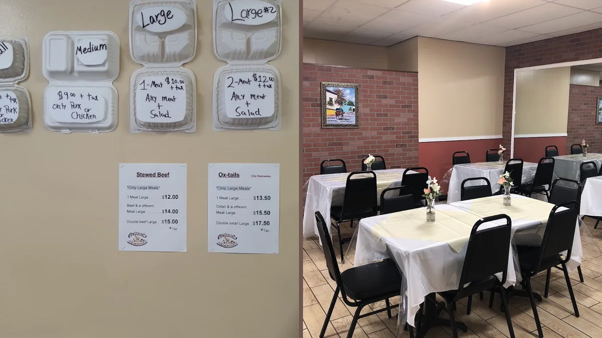 Restaurant interior set for lunch and dinner service.